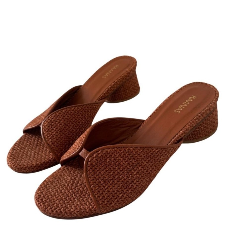 KAANAS Tierra Woven Tweed Mule Heels Brandy‎ Brown Leather Resort Sandals Size 7